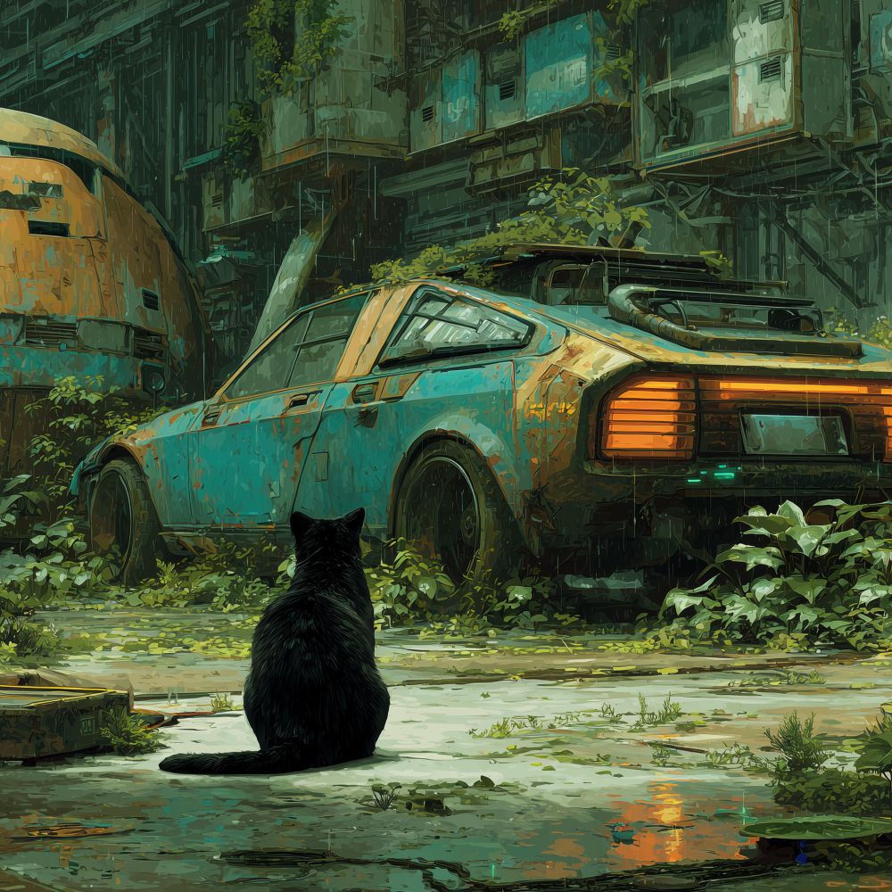 A retro-futuristic junkyard sprawls under stormy clouds, where rain-kissed vintage electric cars with glowing neon accents rest amid overgrown vegetation and rusting geometric debris. A sleek black stray cat sits calmly in the foreground, its fur glistening under diffused light, while hyper-realistic textures reveal raindrops on shattered windshields and oxidized metal, blending eerie realism with deeply saturated cyan-and-orange tones in cinematic 8K detail