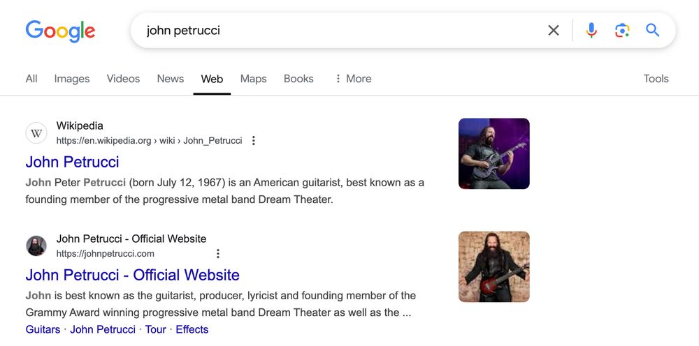 Google search results for the guitarist John Petrucci showing only "web" results