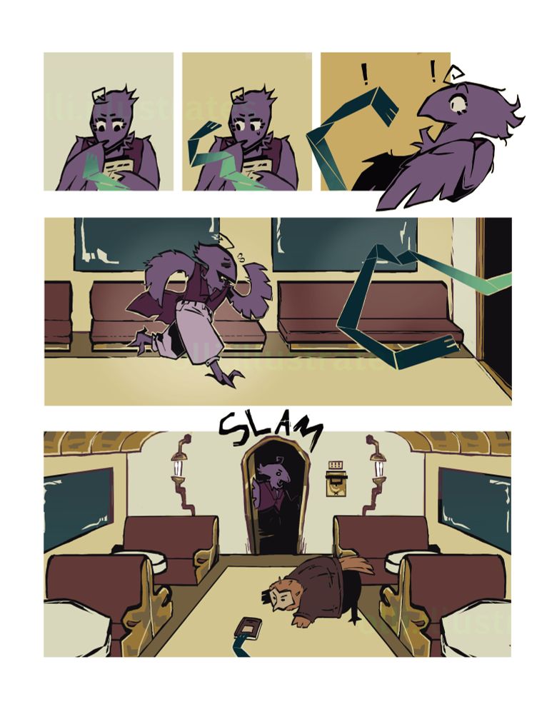 The bird detective is startled by the monster they were reading about. They chase it down the train car but end up losing it. There is an owl librarian collapsed on the floor with his book.