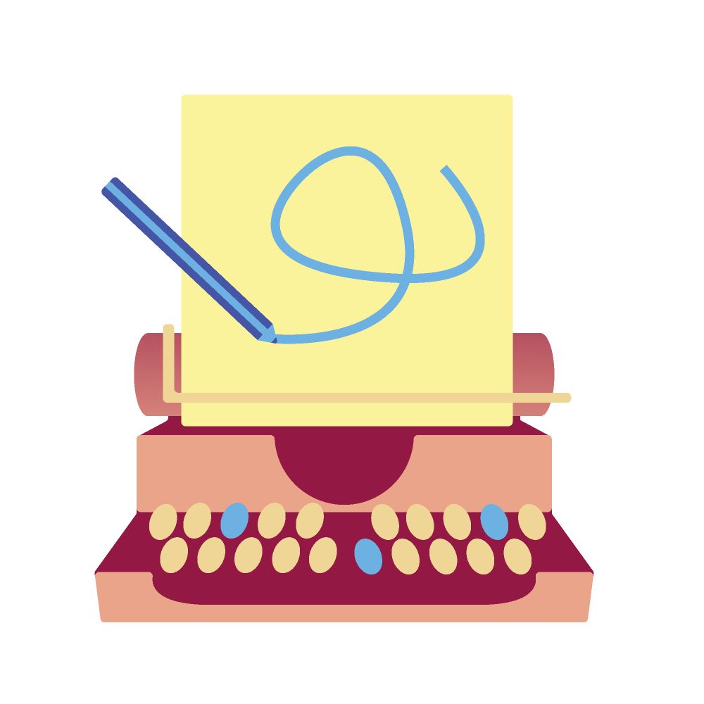 A type writer with a pencil drawing on it