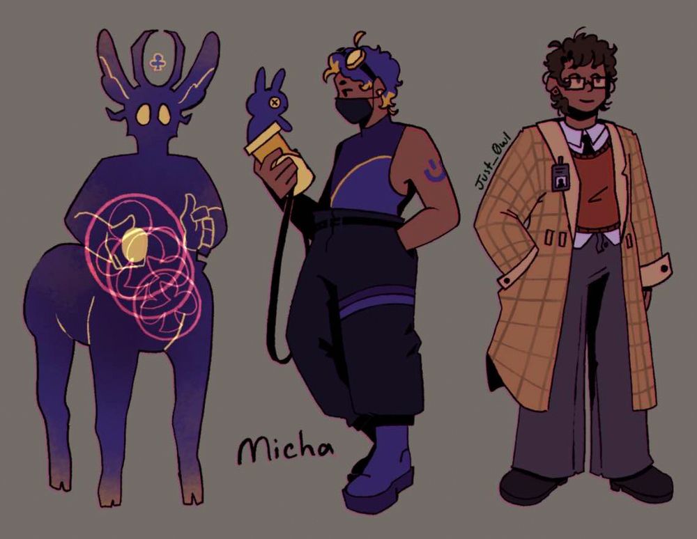 On the left, a monster that resembles a deer.
In the middle, a superhero dressed in casual attire and goggles is holding a bunny in a cylindrical container.
On the right, the super hero is dressed in a trench coat professional attire. Their disguise is being a professor.