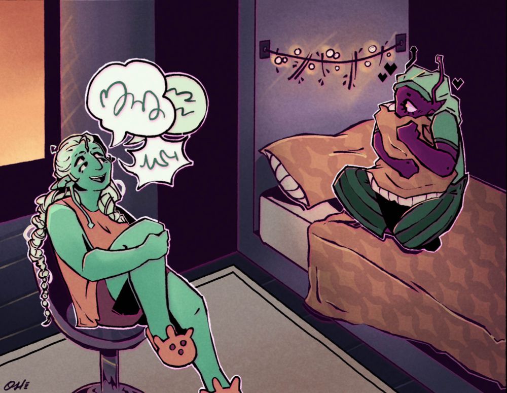 Two aliens hanging out in a bedroom. one is blushing as they have a crush on the other