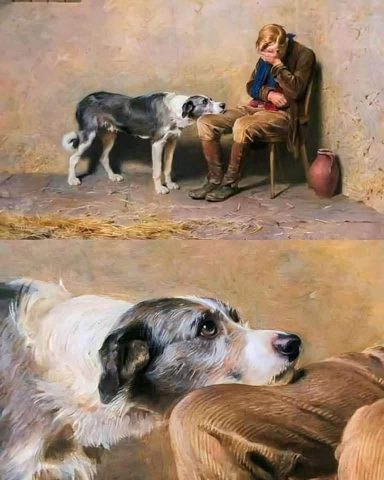 Paining of a dog with chin on the knee doing want eyes. 

"Loyalty" painting by Briton Rivière, 1869.