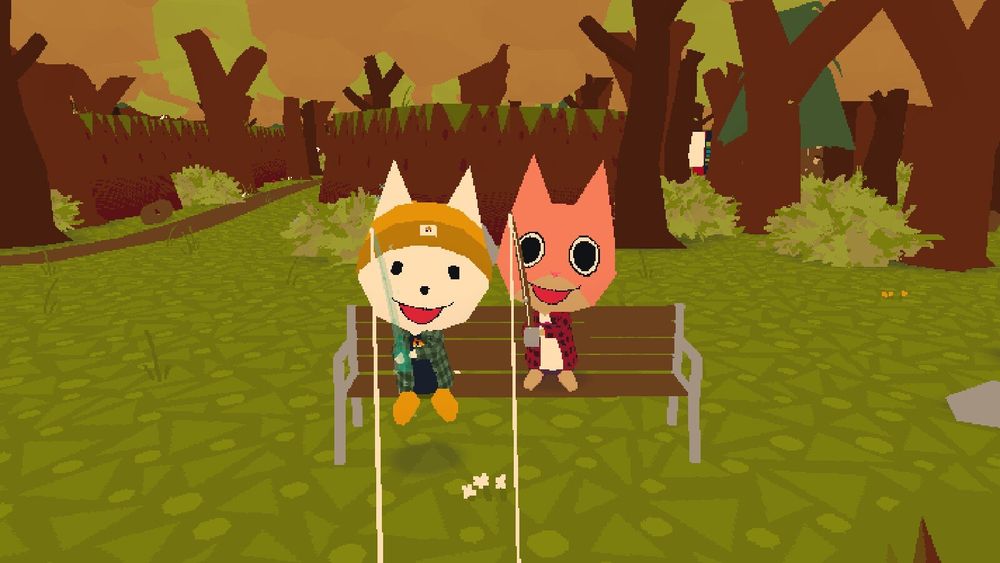 me and my gf's character sat fishing. my cat is white with a yellow beanie and its tongue stuck out. my gf's cat is pink with tan patches and very big eyes. we are on a bench