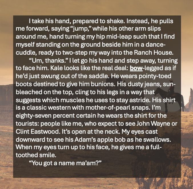 On a background photo of a lone cowboy astride a horse on the desert, appears the following text: I take his hand, prepared to shake. Instead, he pulls me forward, saying “jump,” while his other arm slips around me, hand turning my hip mid-leap such that I find myself standing on the ground beside him in a dance-cuddle, ready to two-step my way into the Ranch House.
	“Um, thanks.” I let go his hand and step away, turning to face him. Kale looks like the real deal: bow-legged as if he’d just swung out of the saddle. He wears pointy-toed boots destined to give him bunions. His dusty jeans, sun-bleached on the top, cling to his legs in a way that suggests which muscles he uses to stay astride. His shirt is a classic western with mother-of-pearl snaps. I’m eighty-seven percent certain he wears the shirt for the tourists: people like me, who expect to see John Wayne or Clint Eastwood. It’s open at the neck. My eyes cast downward to see his Adam’s apple bob as he swallows. When my eyes turn up to his face, he gives me a full-toothed smile.
	“You got a name ma’am?”
