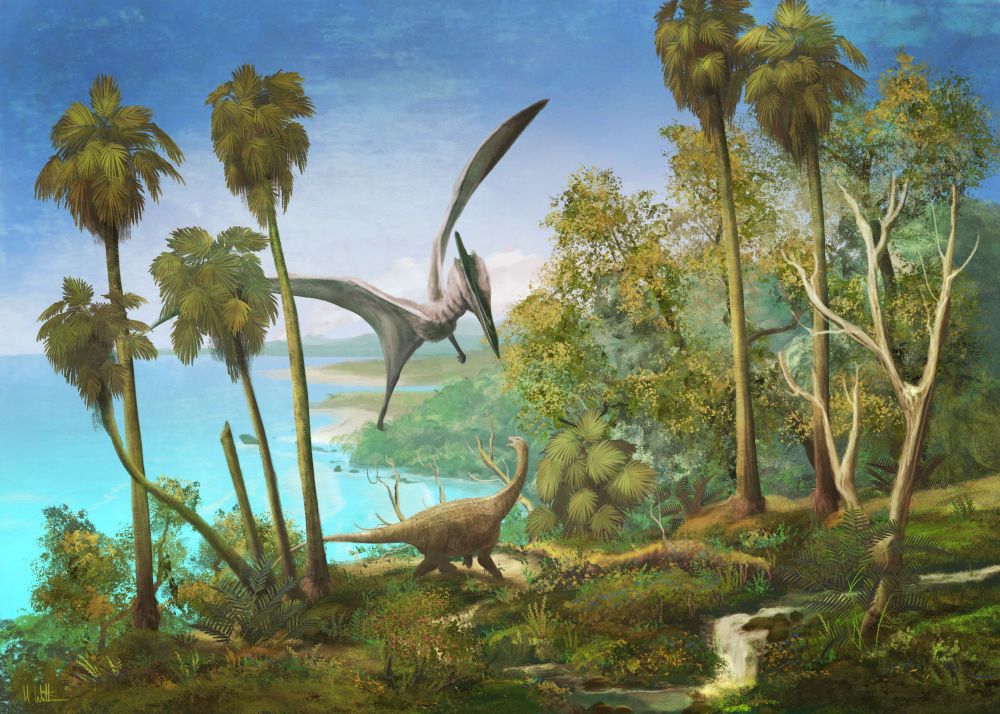 A tranquil day overlooking the sea in Late Cretaceous Romania. The ground is covered in plants, including many tall palms, and a small waterfall babbles in the lower right. A volcano - yes, the Hateg region was volcanic - smokes in the distance, while a dwarf long-necked dinosaur strolls by, admiring the view and content. 

Suddenly - HOLY CRAP A GIANT FREAKIN' FLYING REPTILE APPEARS, CLOSE ENOUGH TO FEEL THE RUSH OF AIR FROM ITS GIANT FREAKIN' WINGS. 

"You can't do crap like that, man," says the sauropod, clutching its chest. "The doctor says I have a weak heart."

"Yo mama has a weak heart," says the Hatzegopteryx, "yo mama" jokes still being fresh in the Cretaceous and not the worn-out reserve of unimaginative hack writers. It laughs in the sauropod's face and flies off. Pterosaurs, everybody: fascinating. Awesome. And the biggest jerks in prehistory.