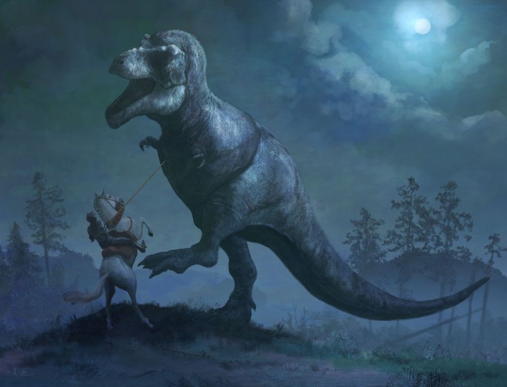 St. George, famed slayer of endangered reptiles, squares up to an enormous, dark Tyrannosaurus in the dead of night. His white horse rears in panic at the looming giant, who casts a great shadow over them both. George aims his lance up, conscious that his weapon is a mere needle to his 10-tonne opponent. "I much preferred being painted by Paolo Uccello", he thought to himself. "He made the reptiles small, gangly, and fictional. I didn't sign up to fight real giant reptiles, and I _especially_ didn't sign up for being painted by someone who clearly wants the reptiles to win." 

Moments later, George's feeble lance broke upon the scaly, rib-lined belly of the tyrannosaur. He had a split second to respond: now defenceless, flight was his only choice! But before he could even begin to steer his horse away, he was wrenched from his mount and tossed back into the dinosaur's jaws. His final sensation was being crushed by spike-like teeth, his flesh mangled and cut by his own dark armour. The chewy flesh and metal confused the king tyrant, but she swallowed him whole anyway. The experience reminded her of eating an ankylosaur, but this had a greater taste of... justice? As if centuries of reptilian persecution by humans had been avenged, in a minor way at least. She walked off into the night, not bothering to chase the horse, who galloped into the nearby treeline. Her legend, Tyrannosaurus the St. George Killer, had begun. 