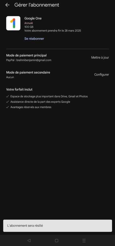 Résiliation de l'abonnement Google One 100GO