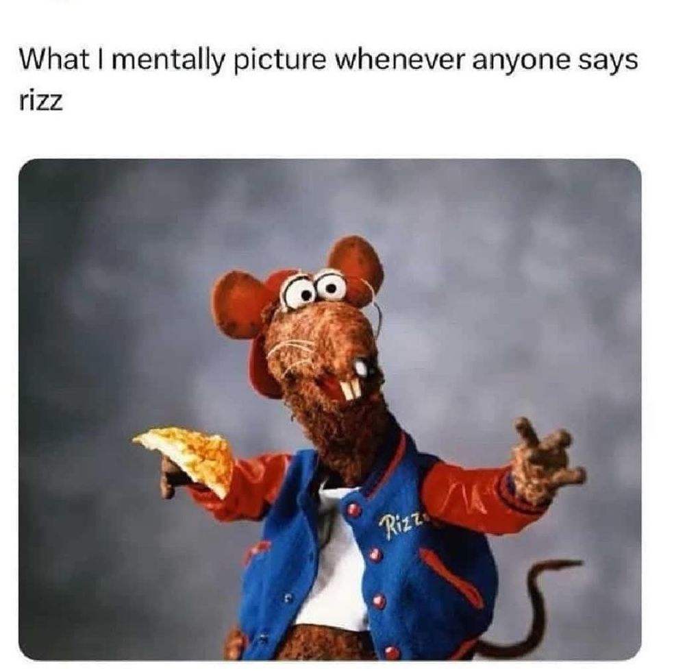 A meme that says "What I mentally picture whenever anyone says rizz" above a photo of the muppet Rizzo holding a slice of pizza.