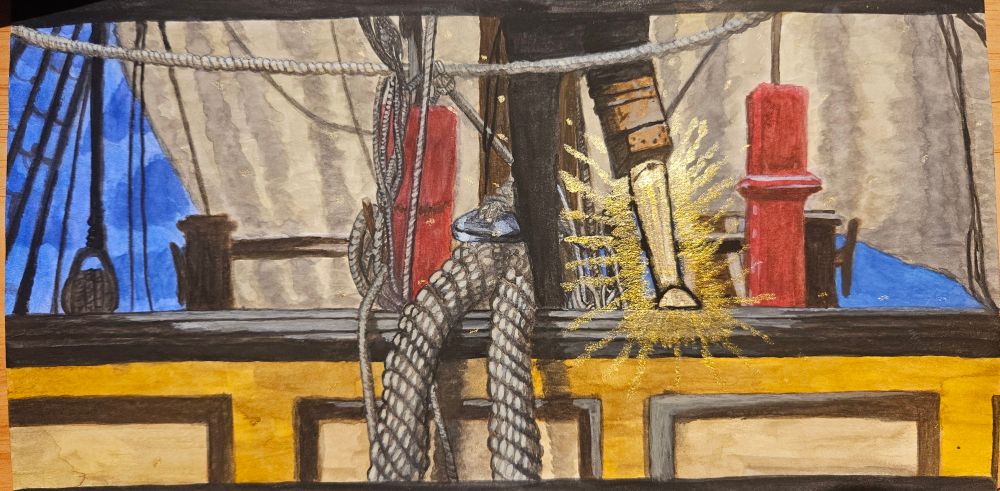 A photo of the frame 6 painting from the Frames for the New Unicorn project. Izzy, shown from the waist down, is standing on the deck at night wearing the new unicorn prosthetic leg for the first time. Below him is a wall and some paneling of the lower deck. Next to his legs and cascading down is a large section of rope. Behind him are a mast, posts, rigging and rope, and large sails. Small sections of the dark night sky are visible around and beyond the sails. The unicorn leg is surrounded by a glowing aura of translucent gold paint.