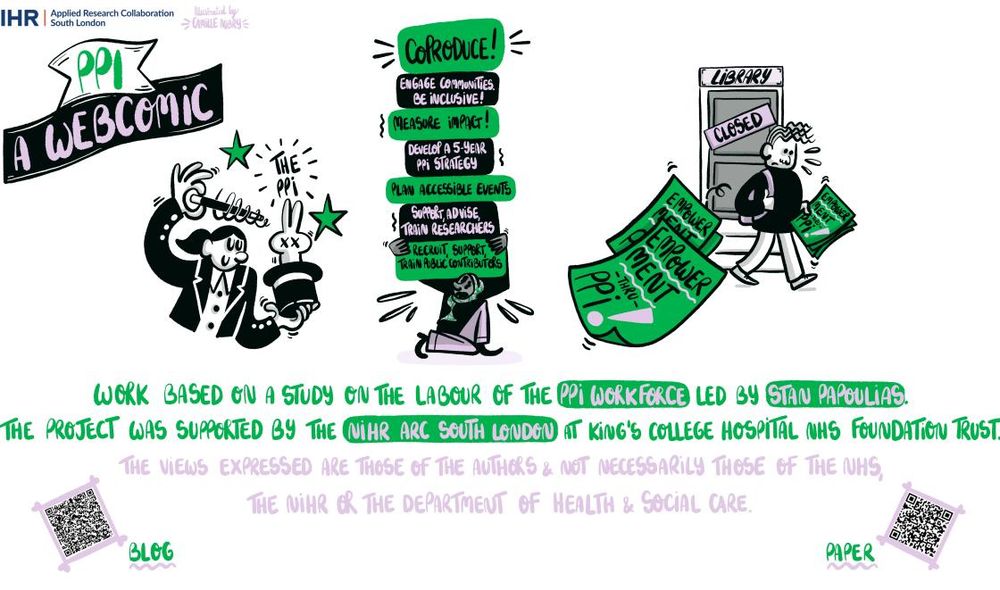 A patient and public involvement (PPI) webcomic illustrated by Camille Aubry, work based on a study on the labour of the PPI workforce by Dr Stan Papolias.