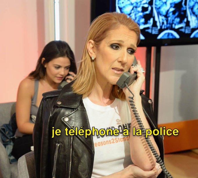 Concerned Celine Dion during telethon captioned “je téléphone à la police”