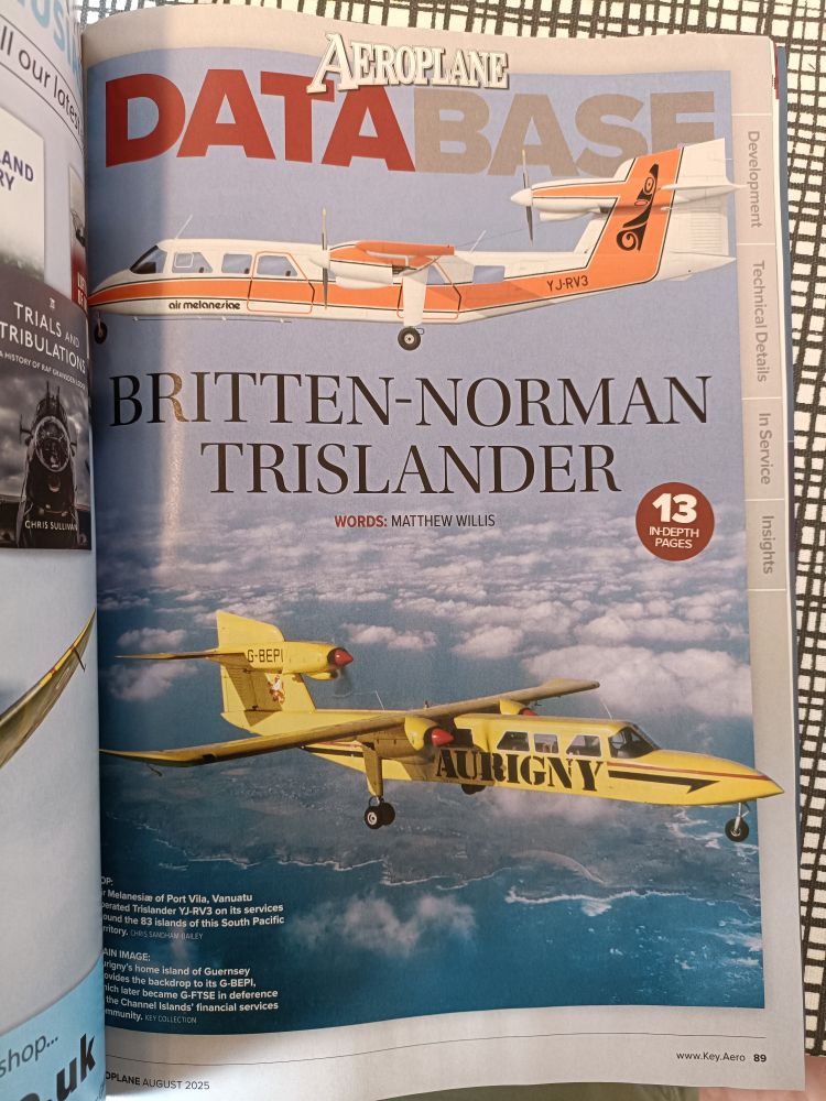 Title page of Aeroplane's Database feature on the Trislander, promising '13 in-depth pages' and 'words by Matthew Willis' with a beautiful air to air shot of an Aurigny Trislander over the Guernsey coast 