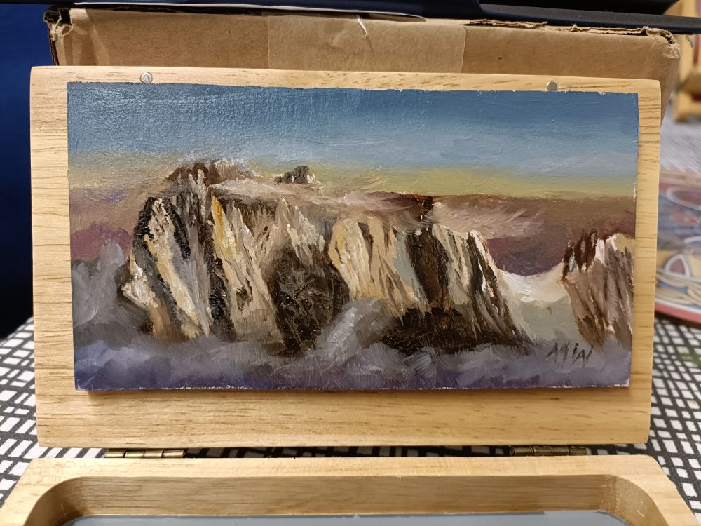 Small panoramic oil painting of the Grandes Jorasses mountains 