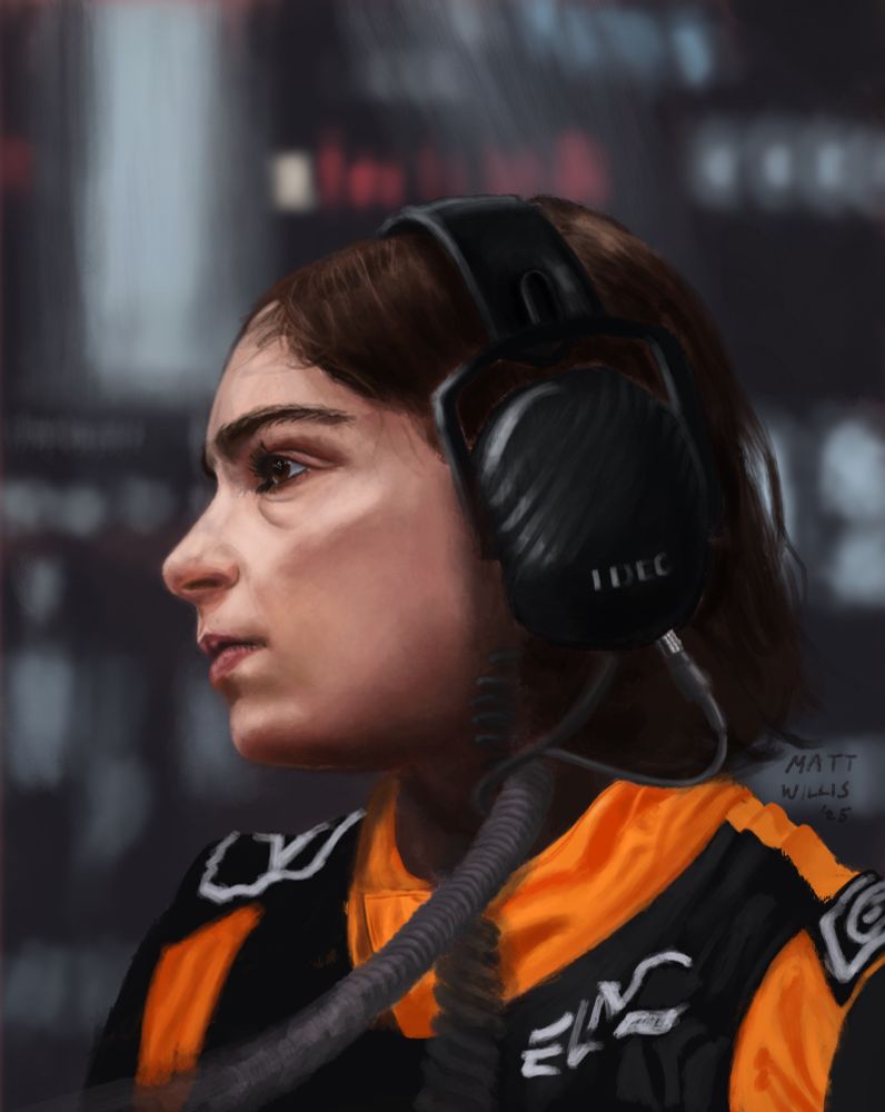 Digital artwork, profile portrait of the racing driver Jamie Chadwick, in the black and orange overalls of IDEC Sport’s Genesis academy team, and black carbon fibre headphones