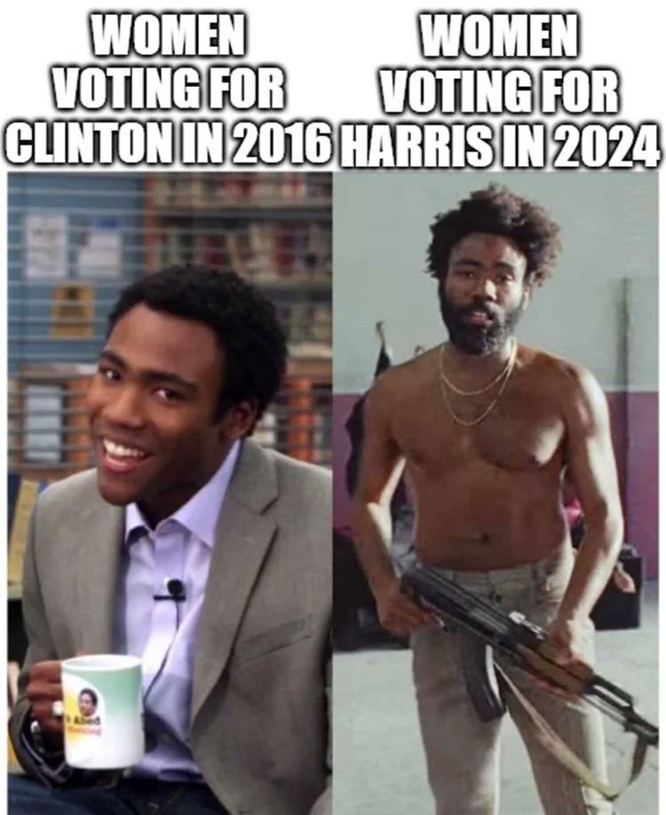 Meme that says “Women voting for Clinton in 2016” and shows a clean cut cheerful Donald Glover in a scene from the tv show Community smiling with a coffee mug on the right, and on the left says “Women voting for Harris in 2024” with a photo of Donald Glover (probably from his music video “This Is America”) shirtless, with long disheveled hair, a beard, holding an assault rifle with an exhausted, distressed, “don’t play with me” expression. 