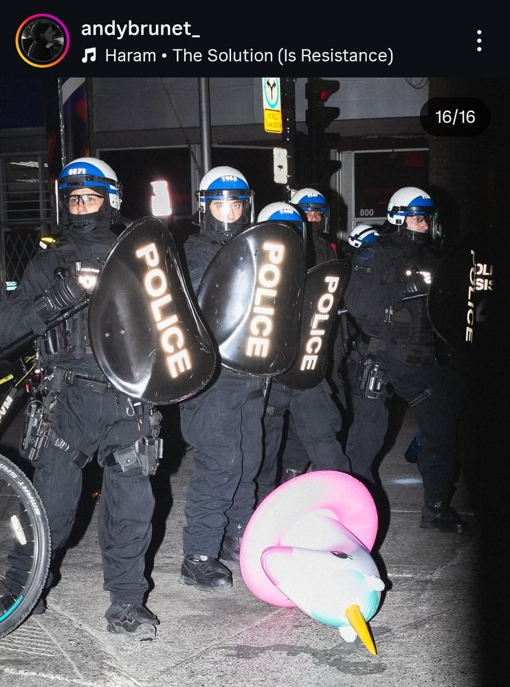A photo of 7 cops in head to toe swat gear including helmets, face shields, and handheld shields. In front of them is an inflatable unicorn toy on the ground
