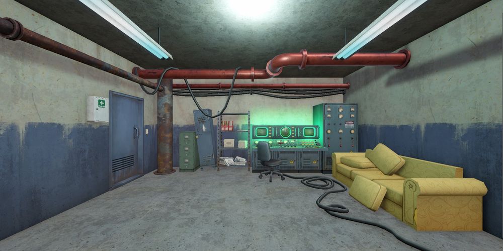 The image shows a main bunker room. The walls are concrete, partially painted in dark blue with signs of wear. Rusty red metal pipes run along the ceiling, accompanied by various black cables. There is a large vintage-looking control panel illuminated by greenish lights, a swivel chair, filing cabinets, and a storage shelf filled with documents and folders. To the right, a worn-out yellow sofa and cushions add a peculiar contrast, suggesting the room might have been repurposed or used as a makeshift living area.