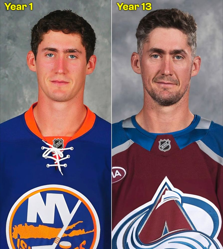 Photos of NHLer Blake Nelson from his rookie and 13th season, showing his change in appearance.