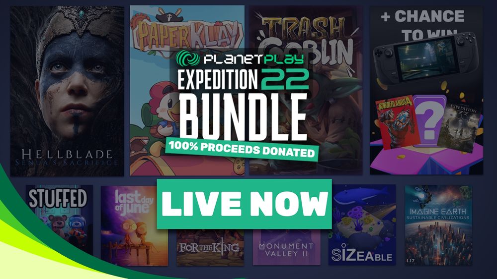 An image for the Expedition 22 game bundle featuring 9 titles and a chance to win more prizes. Games shown and included are: Hellblade Senua's Sacrifice, Paper Klay, Trash Goblin, Stuffed, Last Day of June, For The King, Monument Valley II, Sizeable and Imagine Earth