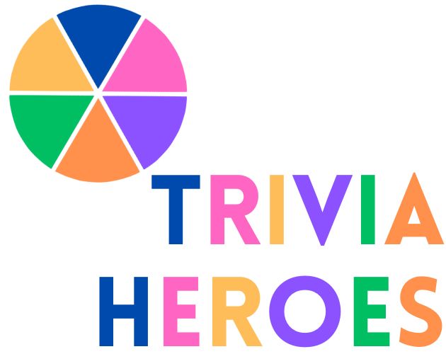 Colourful text reading: "Trivia Heroes" beside a circle with 6 different coloured segments, like the pieces in Trivial Pursuit