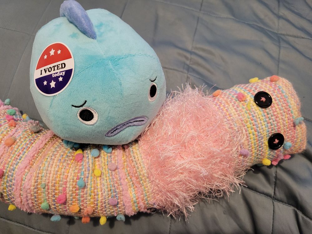 A photo of 2 plushies. One is a handmade woven worm that's a variety of pastel colors but mostly pink and has 2 large black button eyes. The other plushie is Wallace, the sad fish from Bee and Puppycat. Wallace has an "I VOTED today" sticker on top of his head