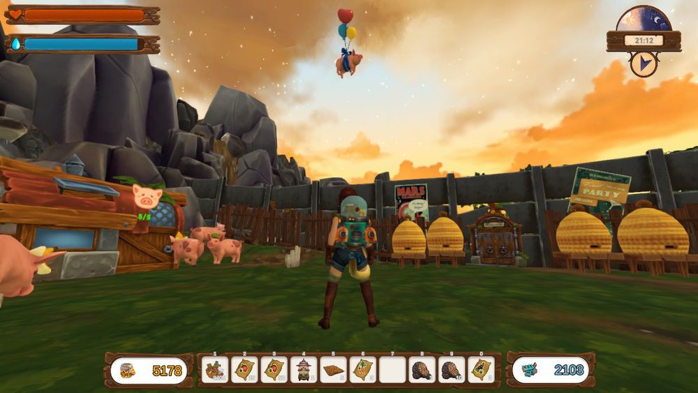 a No Place Like Home screenshot showing one of our pet pigs after attaching a balloon to them which caused them to float up into the sky