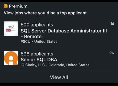 LinkedIn screenshot: “view jobs where you’d be a top applicant” showing two job listings showing 500 and 598 applicants