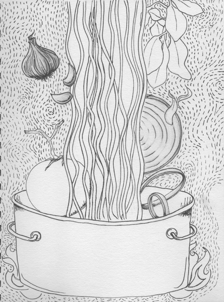 Black and white line drawing of a big soup pot with ingredients falling into it from the top of the page: noodles, onion, whole garlic, whole tomato with the stem, fresh sage leaves. There are cartoon flames peeking out from beneath the pot. Dashed lines vibrating out around the pot and ingredients curl up and fill the background.