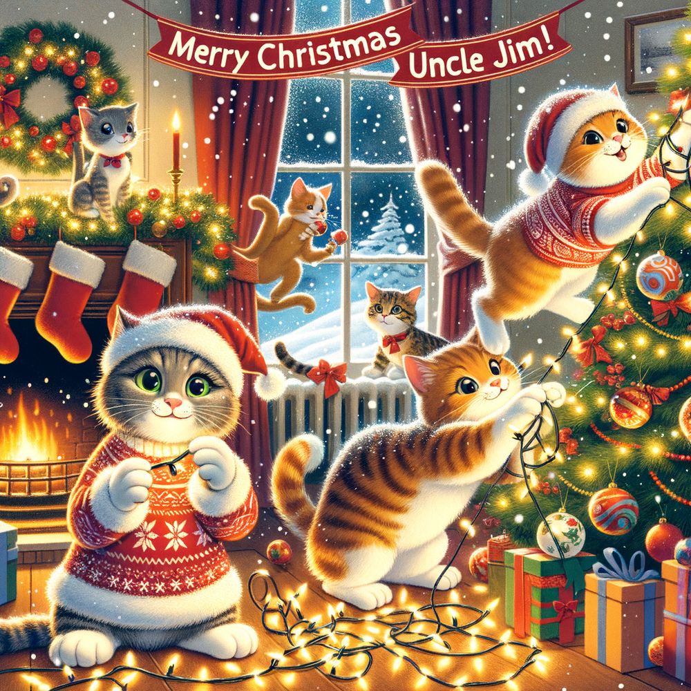   A whimsical Christmas card design featuring a cozy living room
  scene. In the center, a fluffy cat wearing a Santa hat is playfully
  tangled in colorful Christmas lights. Surrounding the cat are
  cheerful holiday decorations, including a beautifully decorated
  tree, stockings hung by the fireplace, and a few playful kittens
  peeking out from under the tree. Snow gently falls outside the
  window, creating a warm, festive atmosphere. The text at the top
  reads, "Merry Christmas Uncle Jim!" in playful, bold letters.