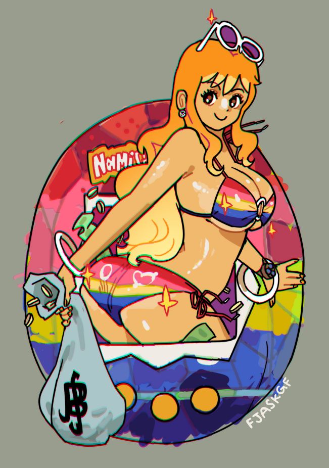 namigotchi! one piece's nami poking out of a stained glass sunset tamagotchi that matches her bikini.