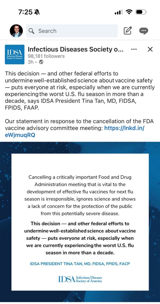 A statement by the Infectious Disease Society of America denouncing the cancelling of an important advisory committee meeting for the next flu vaccine