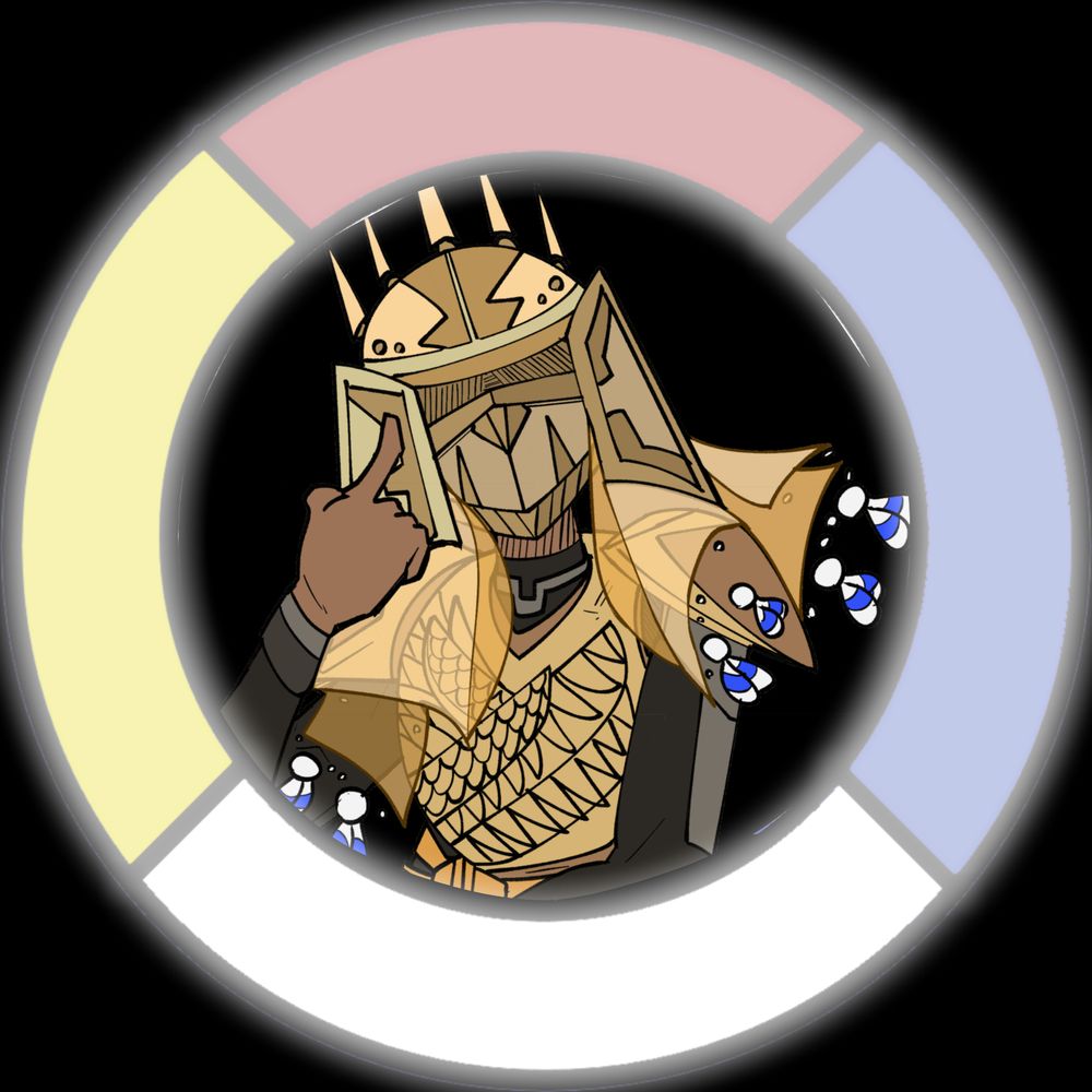 A deeply-tanned Egyptian youth wearing an intricate golden helmet wreathed with silk veils, blue and white cloth tassels, and a golden cuirass with embossed wings across the breast of the chestplate.