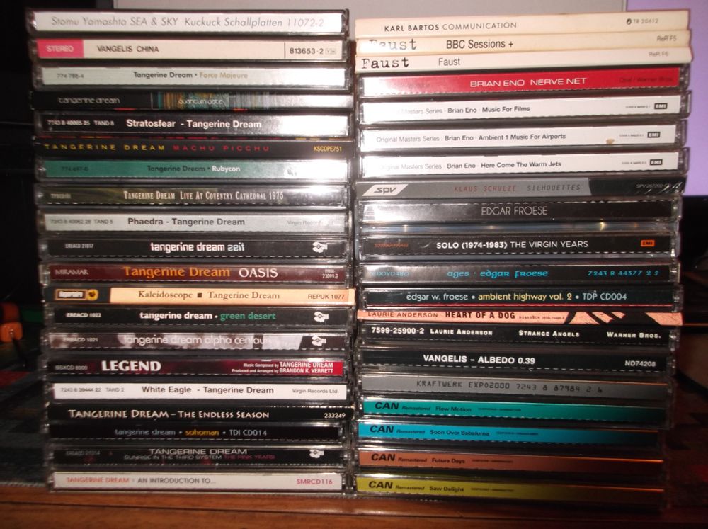 About 40 compact disks, mostly Tangerine Dream, but also including Brian Eno, Can, Vangelis, & Kraftwerk among others