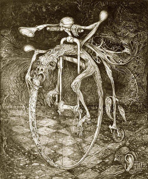"Ouroboros Perpetual Motion Machine" By Otto Rapp, CC

A surreal figure riding a penny farthing bicycle with an ouroboros for a front wheel.