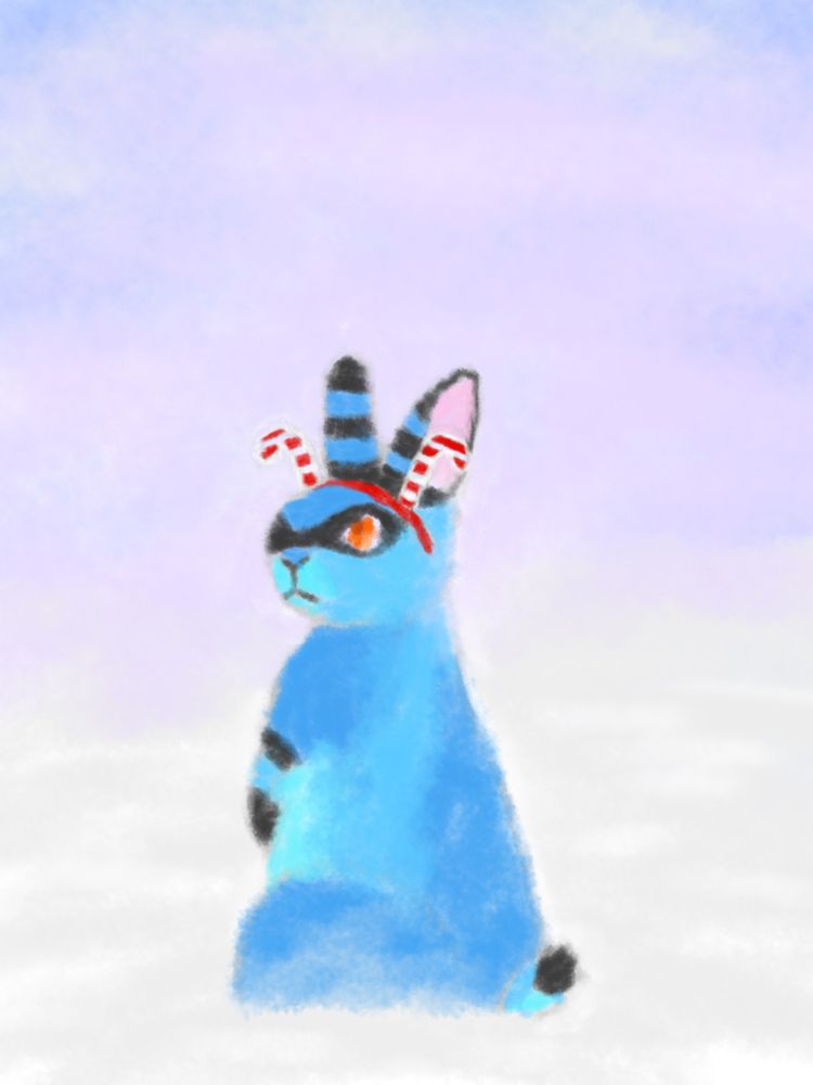 bunny in the snow. they are very blue and wear a funny christmas hat