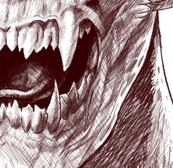 small section of a corsshatched transformation scene - pointy teeth