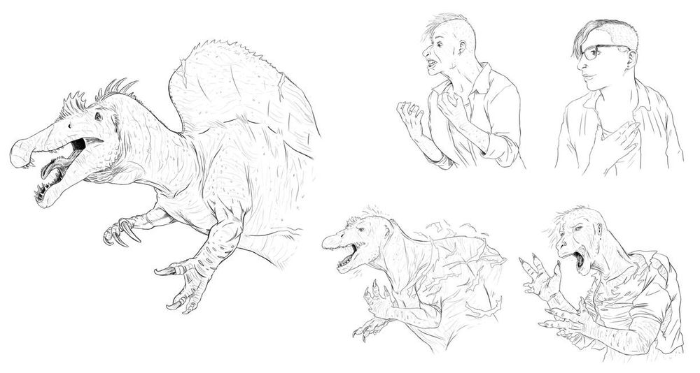 Digital pencil sketeches of a human turning into a spinosaurus