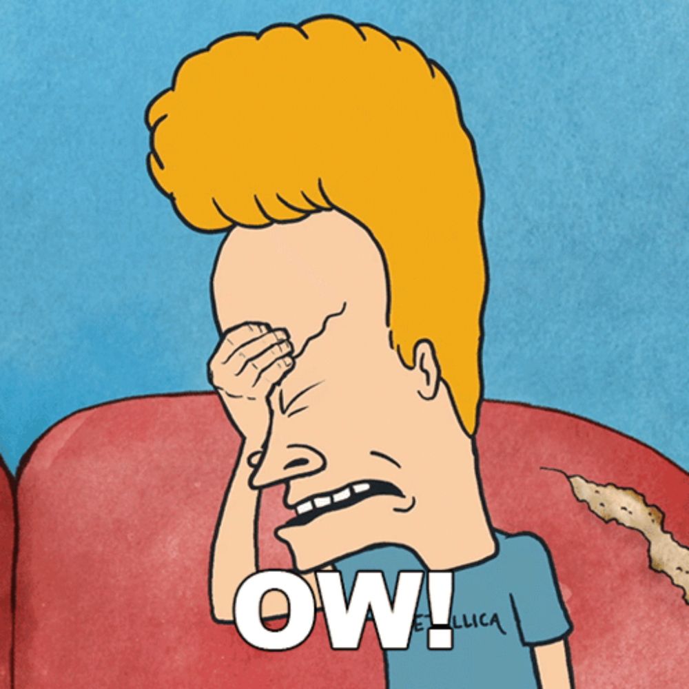 a cartoon of beavis covering his eyes with his hand and the word ow written below him