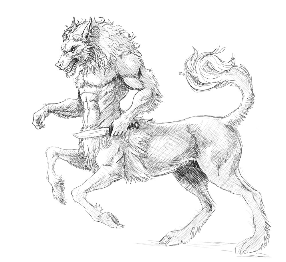 Scribbly penicl drawing of a werewolf centaur hybrid