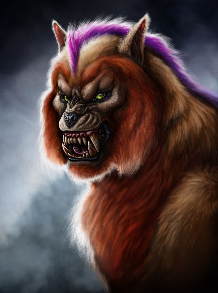 A red-furred werewolf with a magenta mohawk.