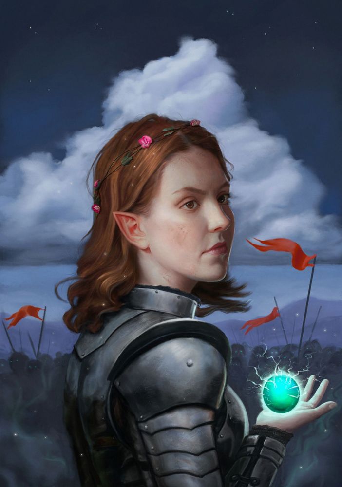 A painting of a she-elf in armor over a background of an army of undead. She's holding a magic ball with green glowing magic.