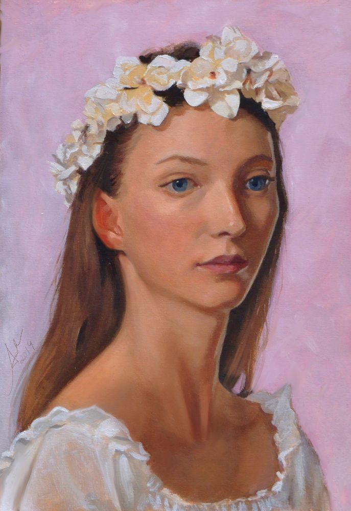 Oil painting of a bust of a woman in a three quarter pose wearing a weath of flowers and a white dress over a light pink background.