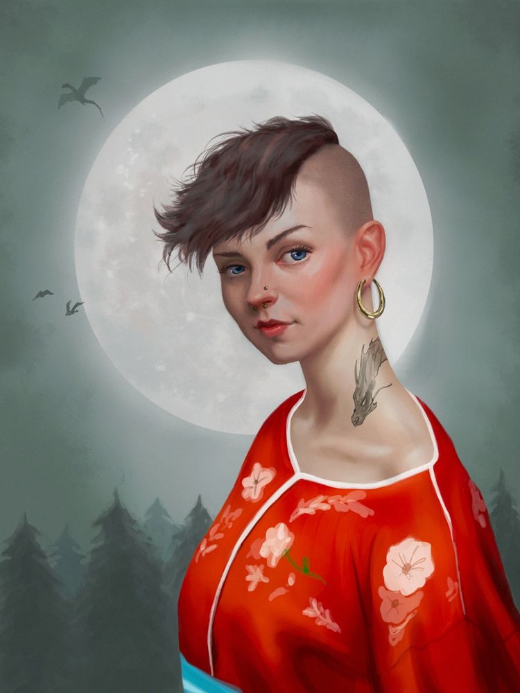 A painting of a girl with a mohawk over a background with a big moon.
