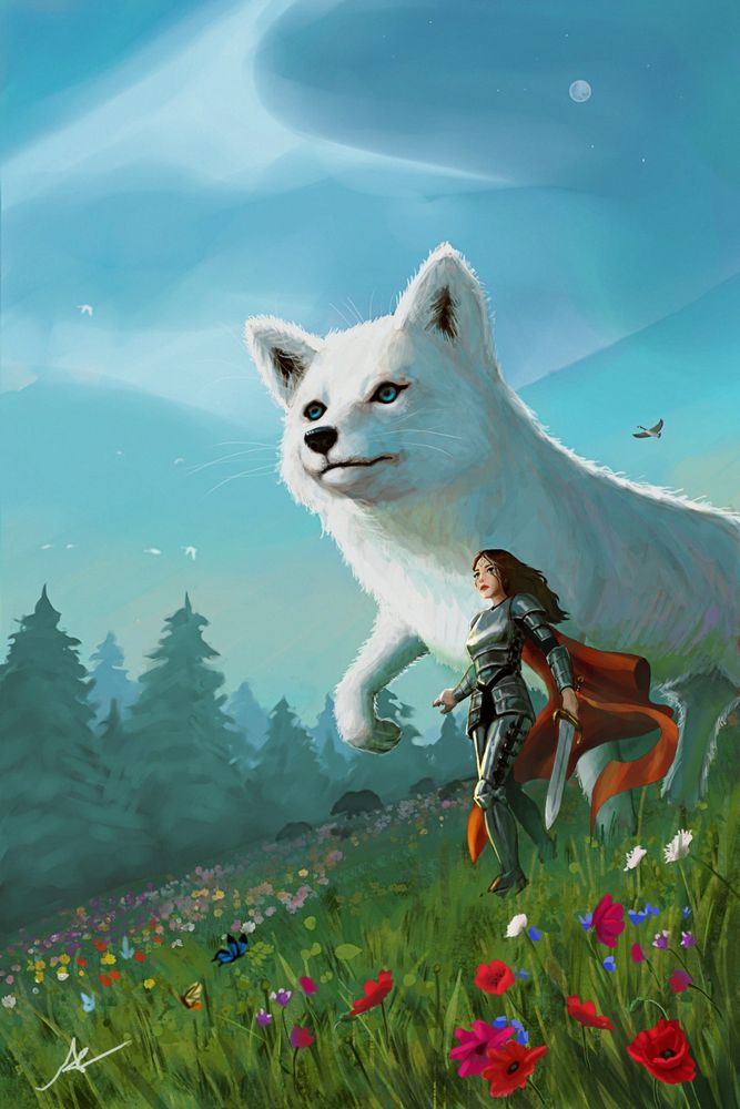 Painting of a girl knight carrying a sword walking down a flowery hill with a gigantic arctic fox walking behind her.
