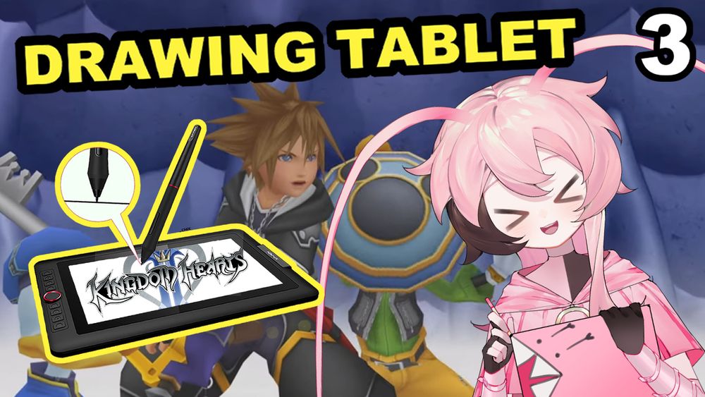 thumbnail of sora, donald, and goofy fighting with pastella's model with a drawing tablet for part 3 of the playthrough