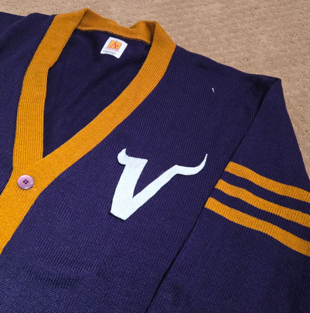 Minnesota vikings cardigan with a V letterman on purple and old gold