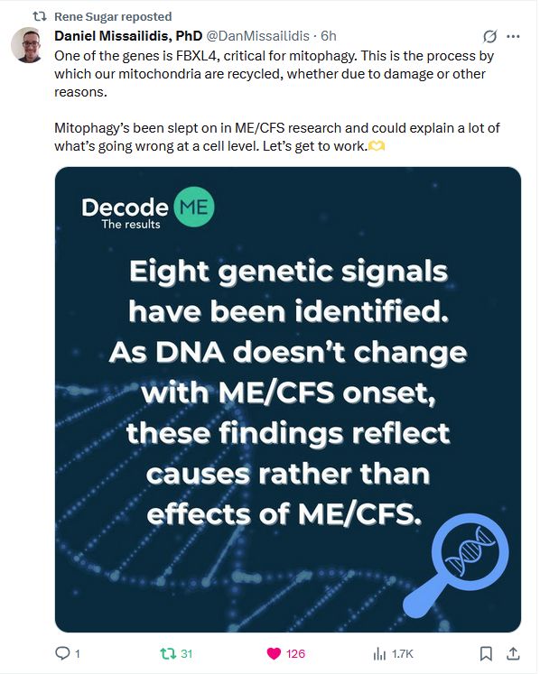 Post on X from Daniel Missailidis reads: "One of the genes is FBXL4, critical for mitophagy. This is the process by which our mitochondria are recycled, whether due to damage or other reasons.

Mitophagy’s been slept on in ME/CFS research and could explain a lot of what’s going wrong at a cell level. Let’s get to work.🫶" 

Shows a DecodeME slide with the words: "DecodeME the results: Eight genetic signals have been identified. As DNA doesn't change with ME/CFS onset, these findings reflect causes rather than effects of ME/CFS." 