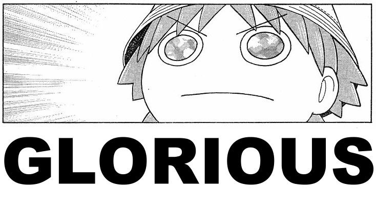chibi anime child face with sparkling eyes and a serious expression with the caption "glorious" The child is wearing a bucket hat and has spiky hair. 
