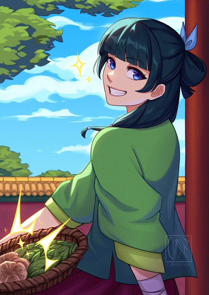 Fanart illustration of Maomao from Apothecary Diaries. She's sitting down, looking over her left shoulder at us, while flashing a big smile. She's holding a basket with her right arm over her lap with herbs and mushrooms. We can see some walls and trees behind her, on a clear day with some clouds in the background.